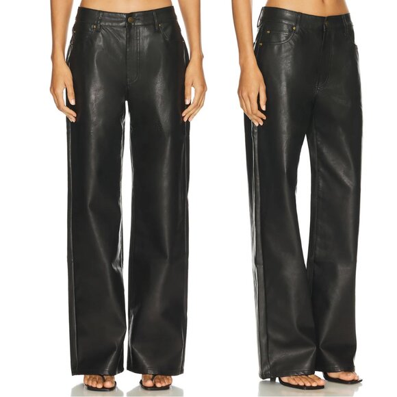 LIONESS Top Model Jean in Onyx Black Vegan Faux Leather Wide Straight Leg Pant L - Picture 2 of 8